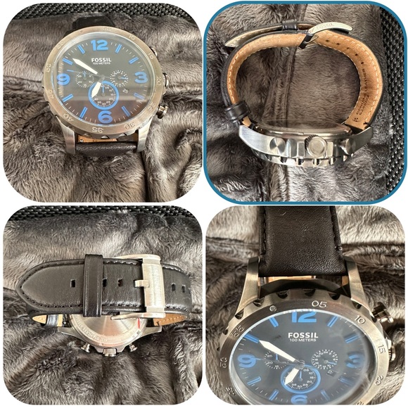 Fossil Men’s Watch stainless, blue dials, leather band. Rock & Roll chunky - Picture 1 of 9
